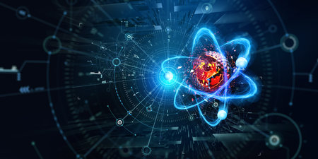 Atom, structure and research. Artificial intelligence and scientific discoveries. 3D illustration of...