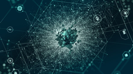 big data concept. AI, Blockchain, Hi tech. Global database and artificial intelligence. 3D...