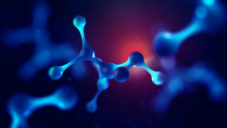 Cybertech and medicine of the future. Nanotechnology in Microbiology. Molecular structure, laboratory research. Molecule, lattice, cell, atom 3D illustrationの写真素材