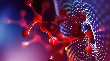 Molecule 3D illustration. Laboratory, molecules, crystal lattice. Nanotech research in biochemistry, chemistry, biology, microbiologyの写真素材