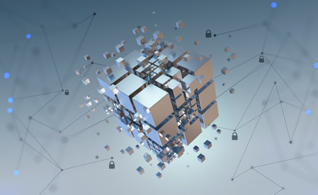 Hi-tech Square blocks are collected in a cubic array against the background of information fields. 3d illustration of blockchain abstract concept. artificial intelligence learnabilityの写真素材