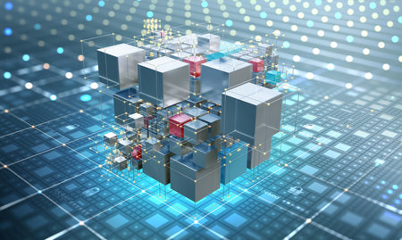 blockchain technology. Big data processing, fintech and digital innovation. Cyberspace concept of the future. Information block and cryptocurrency. 3D illustration on nanotechnology backgroundの写真素材