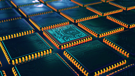 Futuristic CPU. database, data center. Quantum processor in global computer network. 3d illustration of digital cyberspaceの写真素材