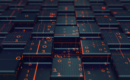 Blockchain Internet technologies. Binary code big data. Information technology, digital data stream. data analysis. Quantum computer concept. 3D illustration of circuitの写真素材