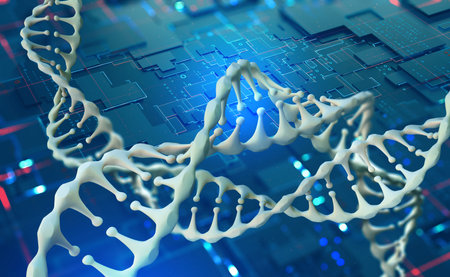 Genetic engineering and high technologies. Abstract DNA spiral model 3D illustration. AI and medicine of the future. Computer analysis of the genomeの写真素材