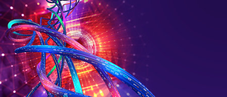Streaming data of digital mega corporations. Cyber business and crypto analytics. 3D illustration of nano funnels generating structural software codesの写真素材