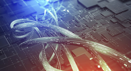 Information flow of digital code. Current data and computer scheme. High speed, wired internet connection. Nanotechnology 3D illustrationの写真素材