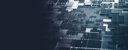 Tiled cyber structure. Nanotechnologies in processors and computer circuits. 3D illustration of digital streams in a futuristic motherboardの写真素材