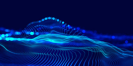 Hi-tech, sci-fi 3D illustration Abstract musical beat. Sound wave in the field of big data particles. Dancing dots of a neural network in a nanotechnology cyberspace project. Bokeh and bright LED flashesの写真素材