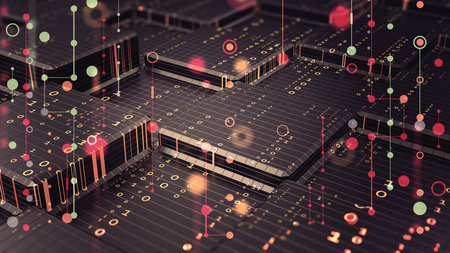 Retro cyber big data panel. cluster structure analytics. 3D illustration of information blocks of...
