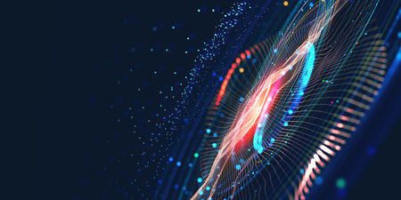 Cyber plasma and neon rhythm. Big data orbit high-tech innovation. Emotion of musical sounds and vibrations of strings. 3D illustration of artificial intelligence neural networkの写真素材