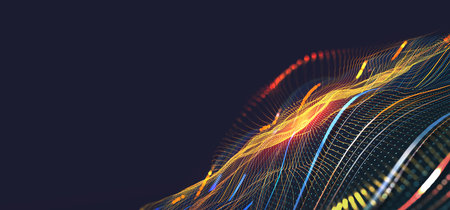 Abstract cyberspace with digital lines, neuron particles background. Big data, artificial intelligence, neural network digital technology concept. 3d illustration of cyber hi-techの写真素材