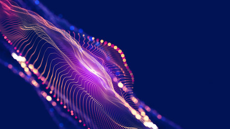 Big data cyber stream 3D illustration. Rhythmic waves of electrical impulses in a neural network. Sound and particles of musical rhythm. Blurred bokeh emotion in digital code spaceの写真素材