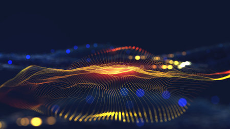 Hi-tech, sci-fi 3D illustration Abstract musical beat. Sound wave in the field of big data particles. Dancing dots of a neural network in a nanotechnology cyberspace project. Bokeh and bright LED flashesの写真素材