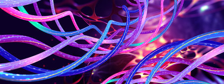 Gene modifications and digital medicine. Research distance learning. Synthetic DNA helix and biological code. 3D illustration of twisted data streams in a synthetic carbon structureの写真素材