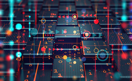 Cyber circuit retro style. Bits and bytes of lamp atmosphere. Abstract motherboard and neural network of bright diode lights. 3D illustration of arrays of information blocks in streaming data codeの素材