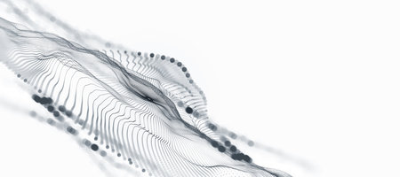 Big data cyber stream 3D illustration. Rhythmic waves of electrical impulses in a neural network. Sound and particles of musical rhythm. Blurred bokeh emotion in digital code spaceの写真素材
