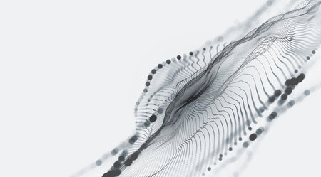 Big data cyber stream 3D illustration. Rhythmic waves of electrical impulses in a neural network. Sound and particles of musical rhythm. Blurred bokeh emotion in digital code spaceの写真素材