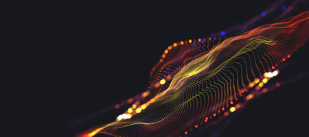 Big data cyber stream 3D illustration. Rhythmic waves of electrical impulses in a neural network. Sound and particles of musical rhythm. Blurred bokeh emotion in digital code spaceの写真素材