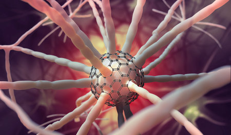 Neural network and nanotechnology in medical research. 3D illustration of brain neurons modified by artificial intelligenceの写真素材