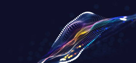 Hi-tech, sci-fi 3D illustration Abstract musical beat. Sound wave in the field of big data particles. Dancing dots of a neural network in a nanotechnology cyberspace project. Bokeh and bright LED flashesの写真素材