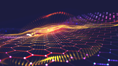 Field of information particles. Nano elements and high technology. Big data and cyberspace cells. 3D illustration of artificial intelligence neural networkの写真素材