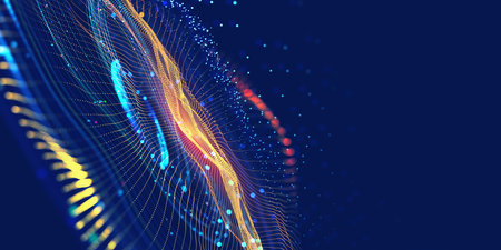 Cyber plasma and neon rhythm. Big data orbit high-tech innovation. Emotion of musical sounds and vibrations of strings. 3D illustration of artificial intelligence neural networkの写真素材
