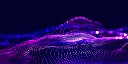 Hi-tech, sci-fi 3D illustration Abstract musical beat. Sound wave in the field of big data particles. Dancing dots of a neural network in a nanotechnology cyberspace project. Bokeh and bright LED flashesの写真素材