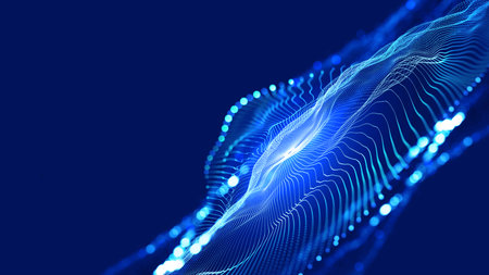 Hi-tech, sci-fi 3D illustration Abstract musical beat. Sound wave in the field of big data particles. Dancing dots of a neural network in a nanotechnology cyberspace project. Bokeh and bright LED flashesの写真素材