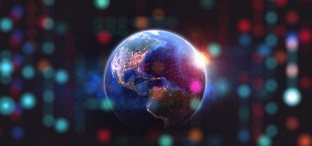 Cyber space of outer orbits. Information flows of the digital universe. 3D illustration of a planet...