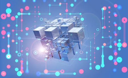 Cyber, techno, nano, cube 3D illustration. Blockchain array floating in digital cyberspace of bright...