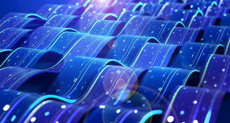 Data of crypto waves. 3D illustration of wavy lines in the information code field. Data flow cyber...