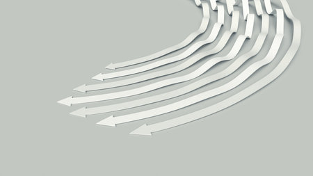 Black and white business presentation. Arrow pointer 3D illustration. Directions of intensive development. Array of wavy lines in competition for dominanceの写真素材