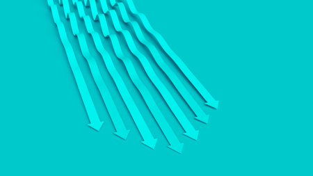 Turquoise mint business presentation. Arrow pointer 3D illustration. Directions of intensive development. An array of wavy lines in competition for dominance. Team tacticsの写真素材