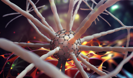Neural network and nanotechnology in medical research. 3D illustration of brain neurons modified by artificial intelligenceの写真素材