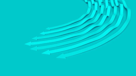 Turquoise mint business presentation. Arrow pointer 3D illustration. Directions of intensive development. An array of wavy lines in competition for dominance. Team tacticsの写真素材