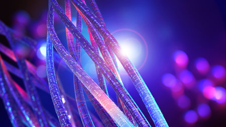 High speed internet 3D illustration. Twisted wires, stream of data. Telecommunication, coding, data transfer rate. Radiance, insight and smart solutionsの写真素材