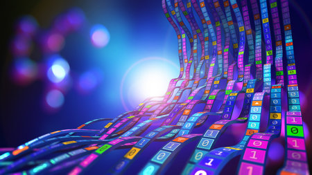 E-commerce, online business. Information flow, stream waves of coded data. 3D illustration techno...