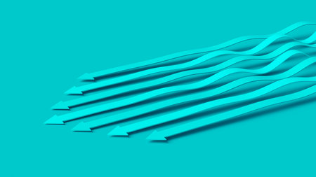 Turquoise mint business presentation. Arrow pointer 3D illustration. Directions of intensive development. An array of wavy lines in competition for dominance. Team tacticsの写真素材