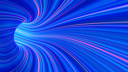 Collider inside. Saturn rings. Abstract photons in a cyberspace tunnel. Speed of light and interstellar flight. 3D illustration of neon strings bent in a wormholeの写真素材