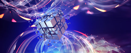 Virtual digital reality. Concept of future technology of metaverse. Virtual digital net, communication, global blockchain. Futuristic network 3d illustrationの写真素材
