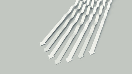Black and white business presentation. Arrow pointer 3D illustration. Directions of intensive development. Array of wavy lines in competition for dominanceの写真素材