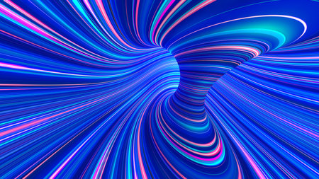 Information funnel, big data flow. Strings of light in a neon whirlpool. 3D illustration of speed rays in cyberspaceの写真素材