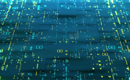 Digital field of information. Data exchange and sales analytics. Big data flow in futuristic database. 3D illustration of a computer circuit with binary code elementsの素材