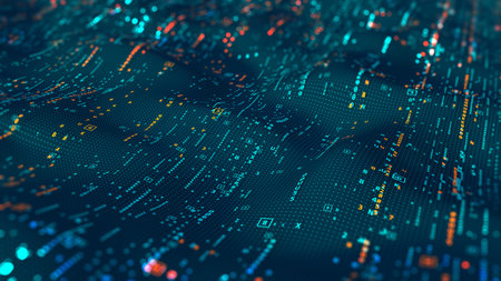Tech cyber code stream. Terabytes of binary code data flying in a stream of information. Wavy field of coded blockchains. Neural network, points and numbers 3D illustrationの写真素材