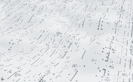 Tech cyber code stream. Terabytes of binary code data flying in a stream of information. Wavy field of coded blockchains. Neural network, points and numbers 3D illustrationの写真素材