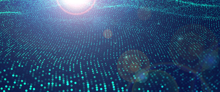 Futuristic particle surface wave. Wavy grid of cyber dots. Hi-tech network 3D illustrationの写真素材