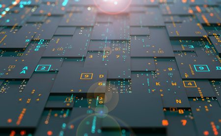 Datum and coding. Blocks of information, big data and business technology. Blockchain 3D illustration. Cyberspace Current Code Flowの写真素材