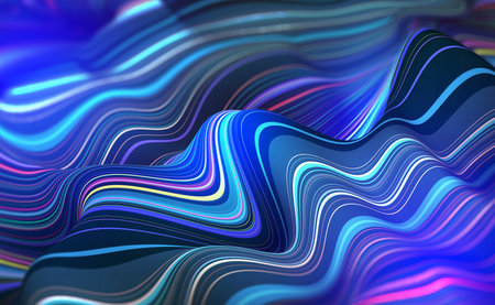 Abstract waves of digital surfaces. Soft fluidity of abstract data flow, stream. 3D illustration of stripes swirling on the surface of waterの写真素材
