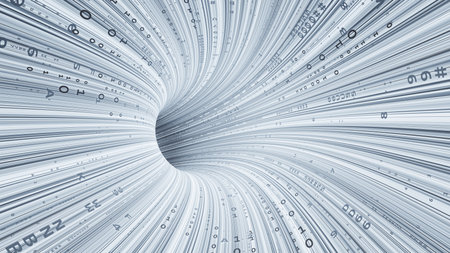 Neon rays virtual flight. 3D illustration of computer code flowing inside cable. High-speed data transmission tunnel. Internet Gateway Data Flowの写真素材